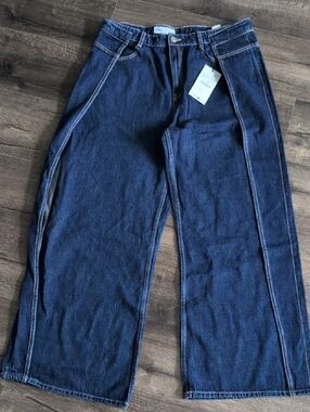 Zara Womens Relaxed Wide-Leg Jeans in Dark Blue Denim